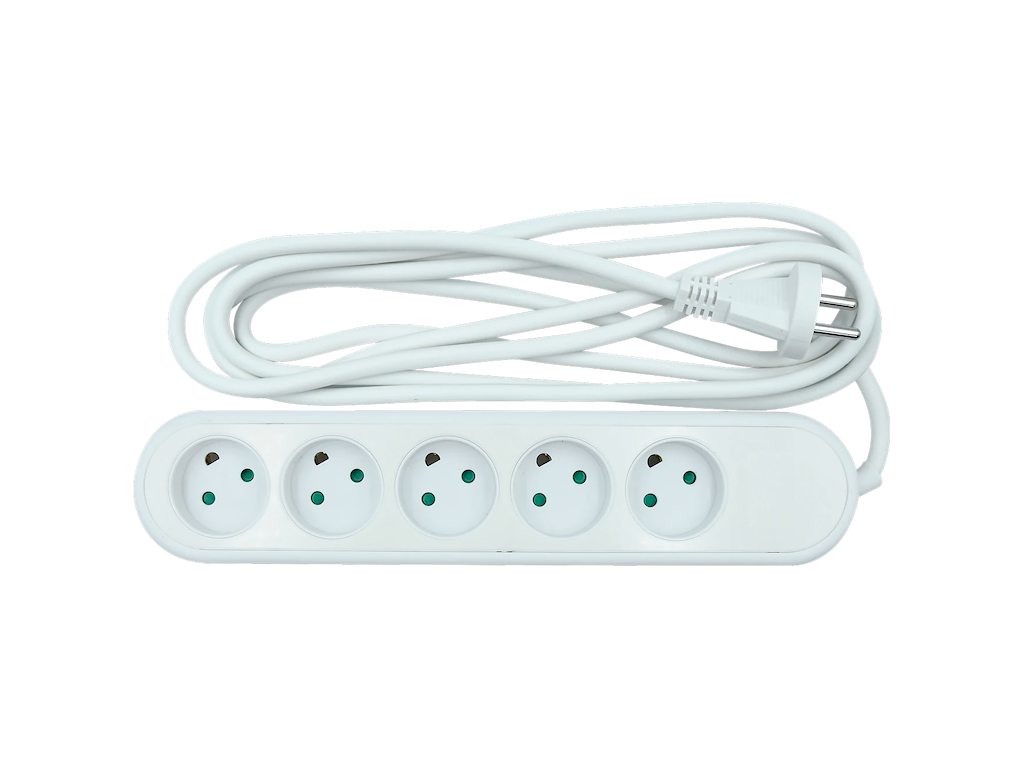 Strømskinne 5 stik uden jordforbindelse men med plads til 3 ben.